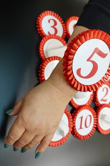 Номер участника, крепление в ассортименте. Диаметр 115 мм. с плиссе. Цвет номера и плиссировки ЯРКО-КРАСНЫЕ.