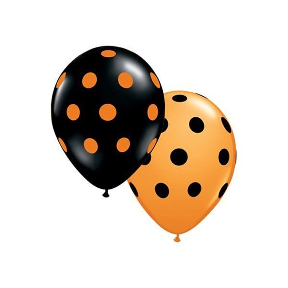 Воздушные шары с рисунком горошек, 28 см. Оранжево-черный