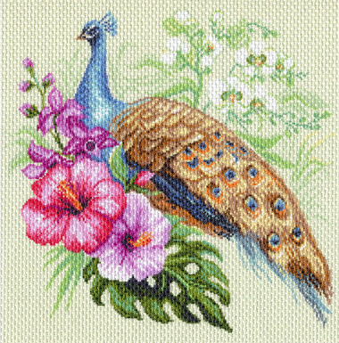 "Павлин в цветах"-1726 канва с рисунком