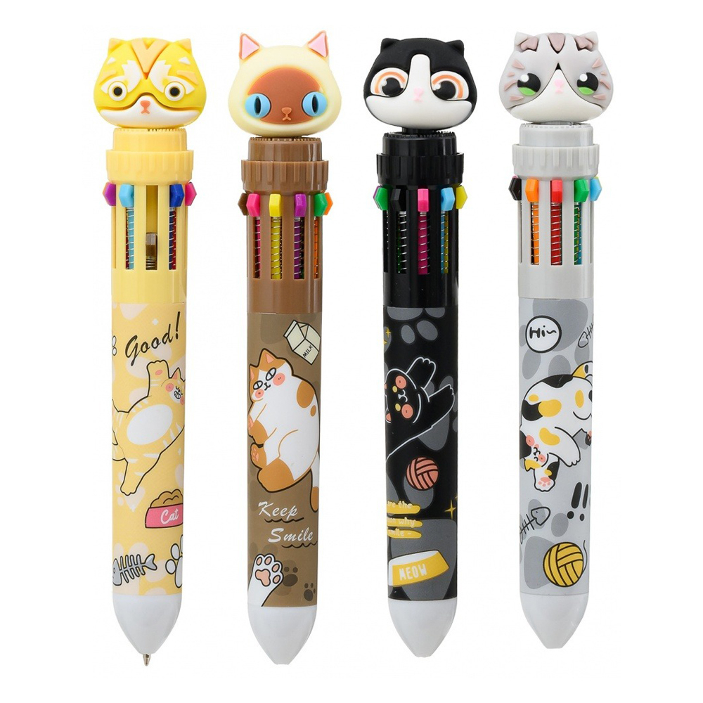 Ручка шариковая, автоматическая, 10в1, Basir, серия "Кошки", 10-ти цветная, с резиновой фигуркой, 36 шт