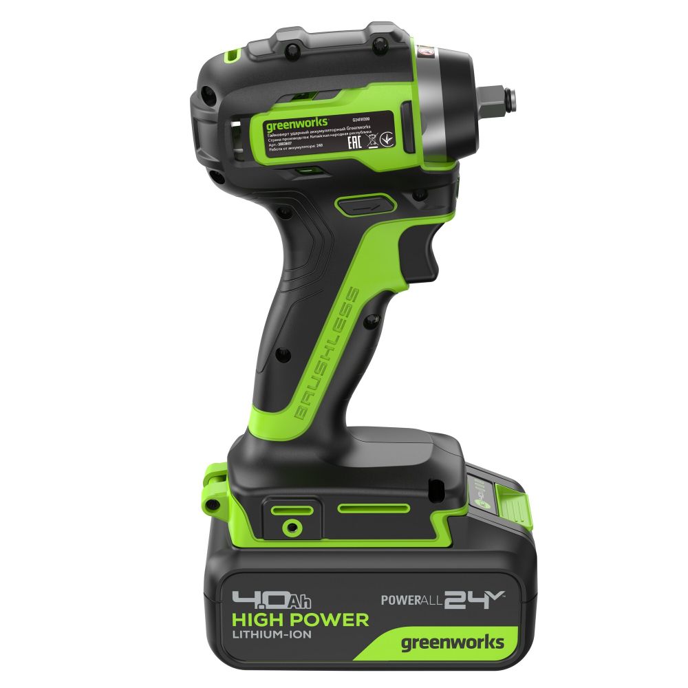 Гайковерт ударный акк. Greenworks G24IW200, 24V,б/щет, 3/8'', 200Нм, 1х4Ач,ЗУ,кор (3803607CUB)