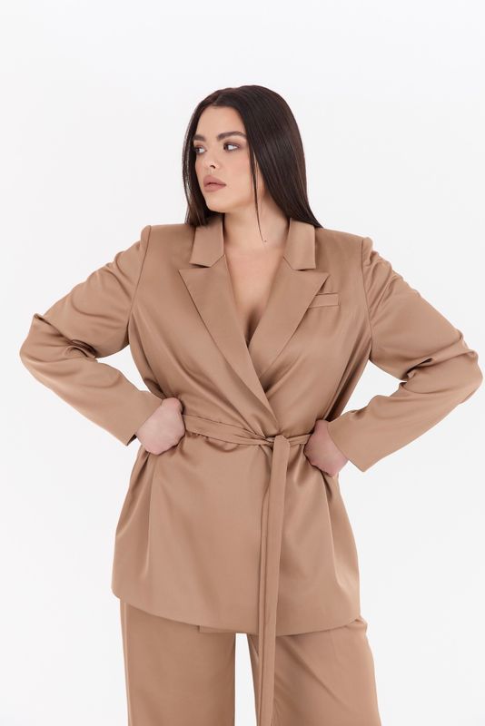 Жакет с поясом из атласа, капучино