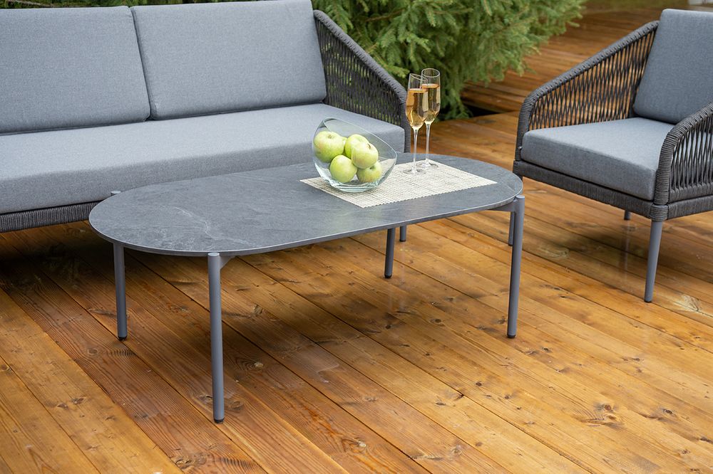 "Канны" лаунж-зона 4-местная (разборная) из роупа со столиком "Диего" цвета "серый гранит", роуп темно-серый круглый, ткань темно-серая