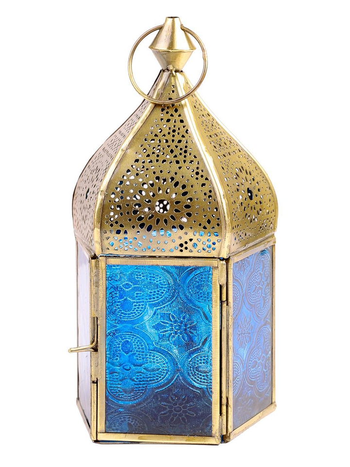 Подсвечник Фонарь металл, стекло цвет синий 11x11x18 см