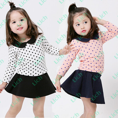 Костюм из толстовки в горох с воротником и однотонной юбки