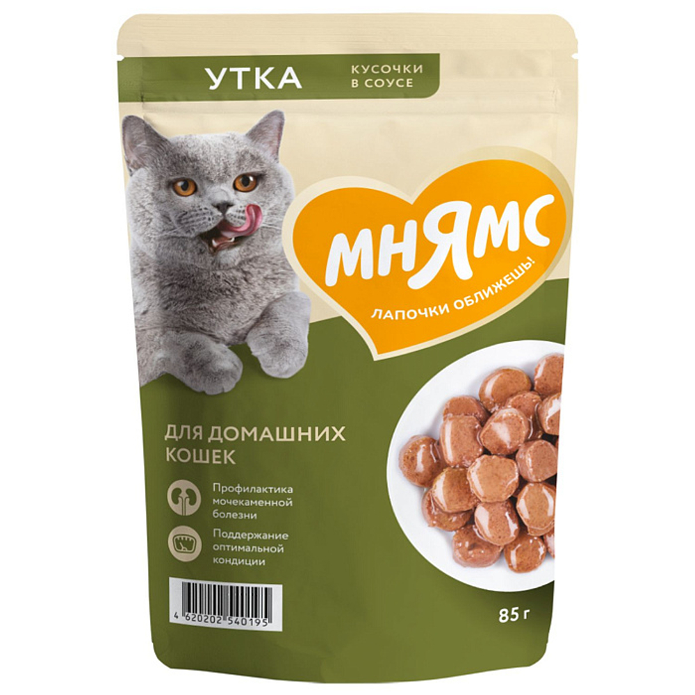Влажный корм для домашних кошек Мнямс на каждый день кусочки в соусе с уткой 85г 24 шт