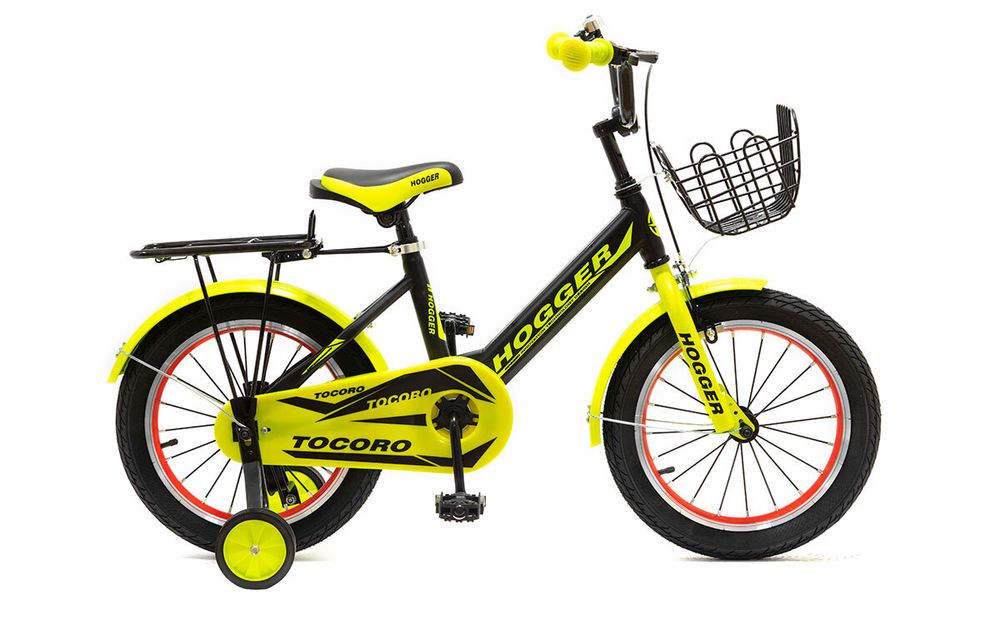 Велосипед 16 HOGGER TOCORO сталь ручной и ножной тормоз доп.колеса корзина черно-лимонный