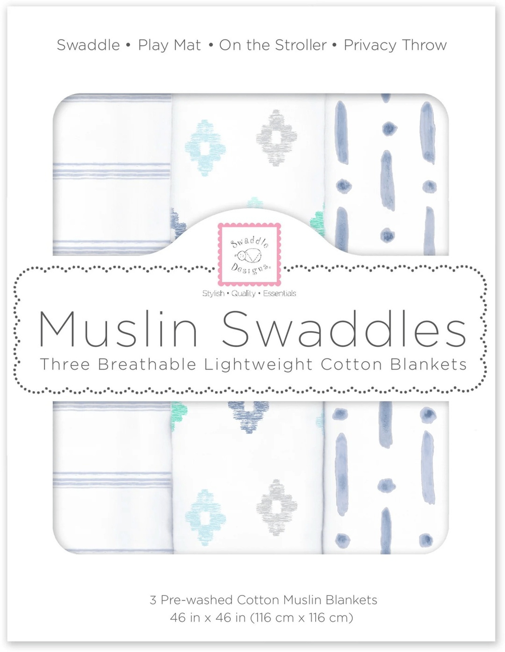 SwaddleDesigns SDM-180D Набор пеленок муслин 3 шт. Indigo Denim Watercolor Blues