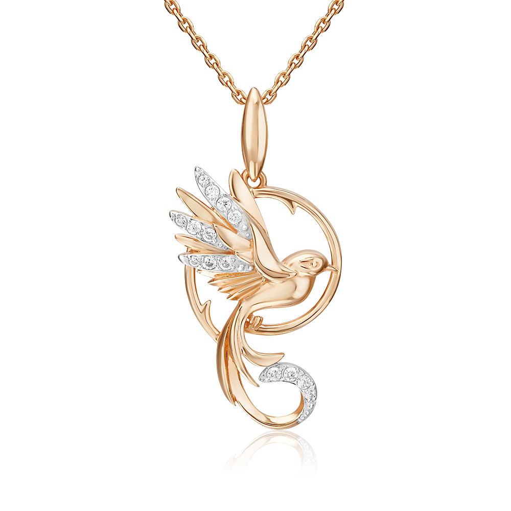 Подвеска «Райская птичка» из красного золота с фианитами