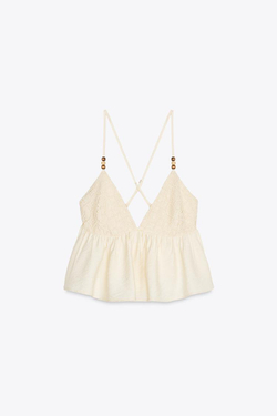 ZARA ТОП НА БРЕТЕЛЯХ С ДЕКОРАТИВНЫМИ ДЕТАЛЯМИ, ЭКРЮ