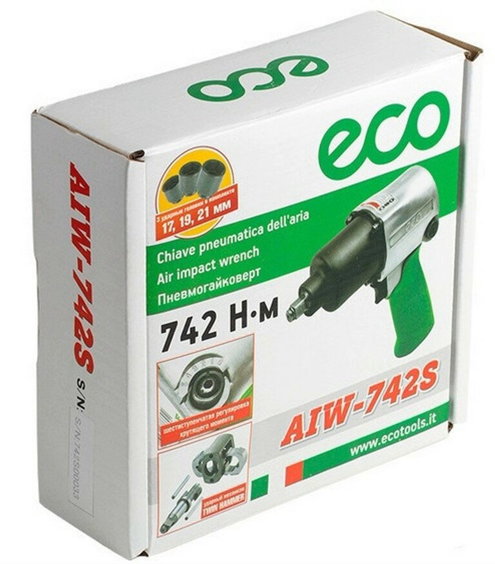 Пневмогайковерт 1/2'' 742Nm ECO AIW-742S (7500 об/мин, 218 л/мин, головки 17,19,21 мм)(AIW-742S)