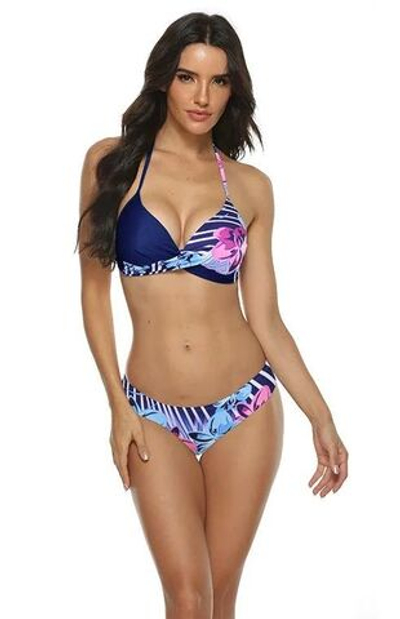 Синий раздельный купальник с принтом в виде орхидей (Размер: XXL) (Цвет: разноцветный)