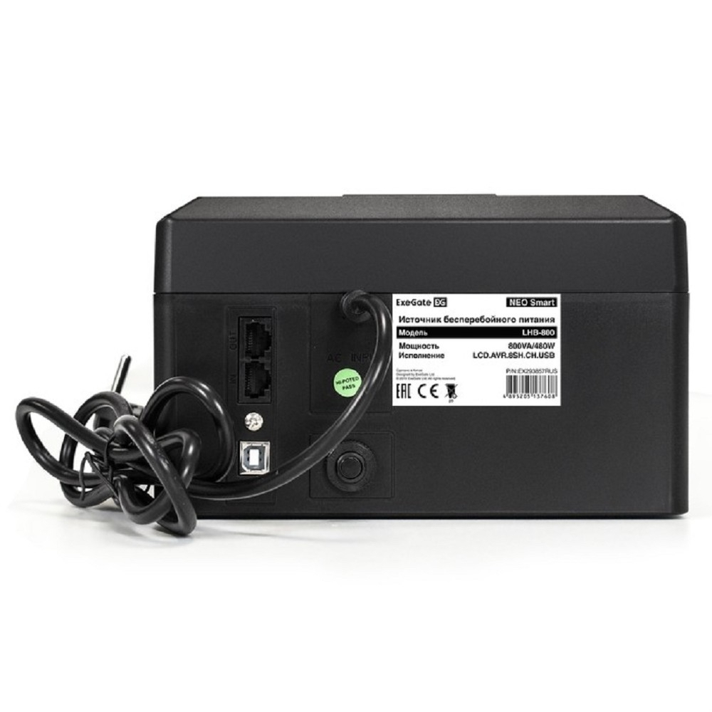 Exegate EX293857RUS ИБП ExeGate NEO Smart LHB-800.LCD.AVR.8SH.CH.USB &lt;800VA/480W, LCD, AVR, 8*Schuko, USB, 4*USB-порта для зарядки, Black&gt;