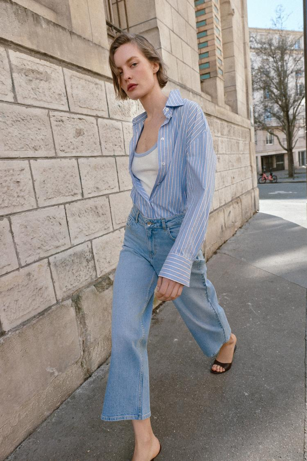 ZARA ДЖИНСЫ Z1975 КЮЛОТЫ С ВЫСОКОЙ ПОСАДКОЙ COMFORT, ГОЛУБОЙ