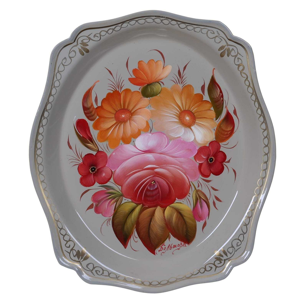 Жостовский поднос декоративный, размер 20х17 см (A3), металлический