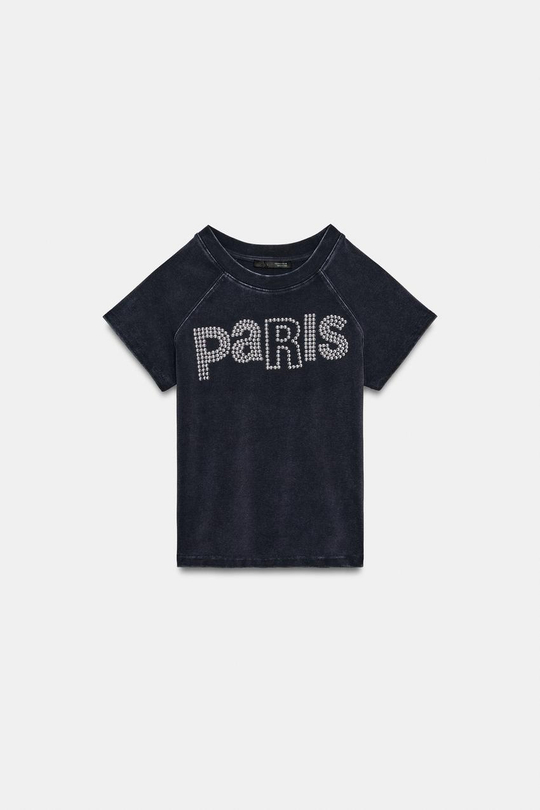 ZARA ФУТБОЛКА ИЗ ТКАНИ С ЭФФЕКТОМ ПОТЕРТОСТИ И ЗАКЛЕПКАМИ, УГОЛЬНЫЙ