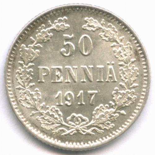 50 пенни 1917 год (S). Россия для Финляндии (орел с коронами). AUNC