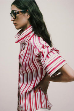 ZARA РУБАШКА В ПОЛОСКУ С ОТВОРОТАМИ НА РУКАВАХ, КРАСНЫЙ/БЕЛЫЙ