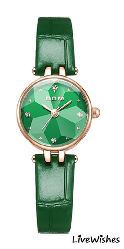 Часы наручные кварцевые DOM на кожаном ремешке, белый/зеленый W10070-01