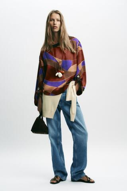 ZARA РУБАШКА ИЗ АТЛАСНОЙ ТКАНИ С ПРИНТОМ, РАЗНОЦВЕТНЫЙ