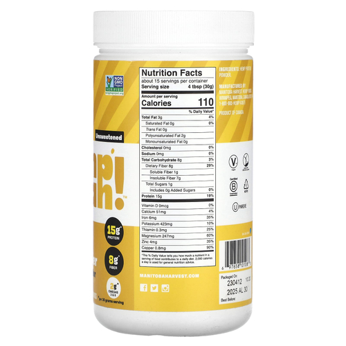 Manitoba Harvest, Органическая конопля сбалансированный протеин и клетчатка, протеиновый порошок, без подсластителей, 454 г (1 фунт)