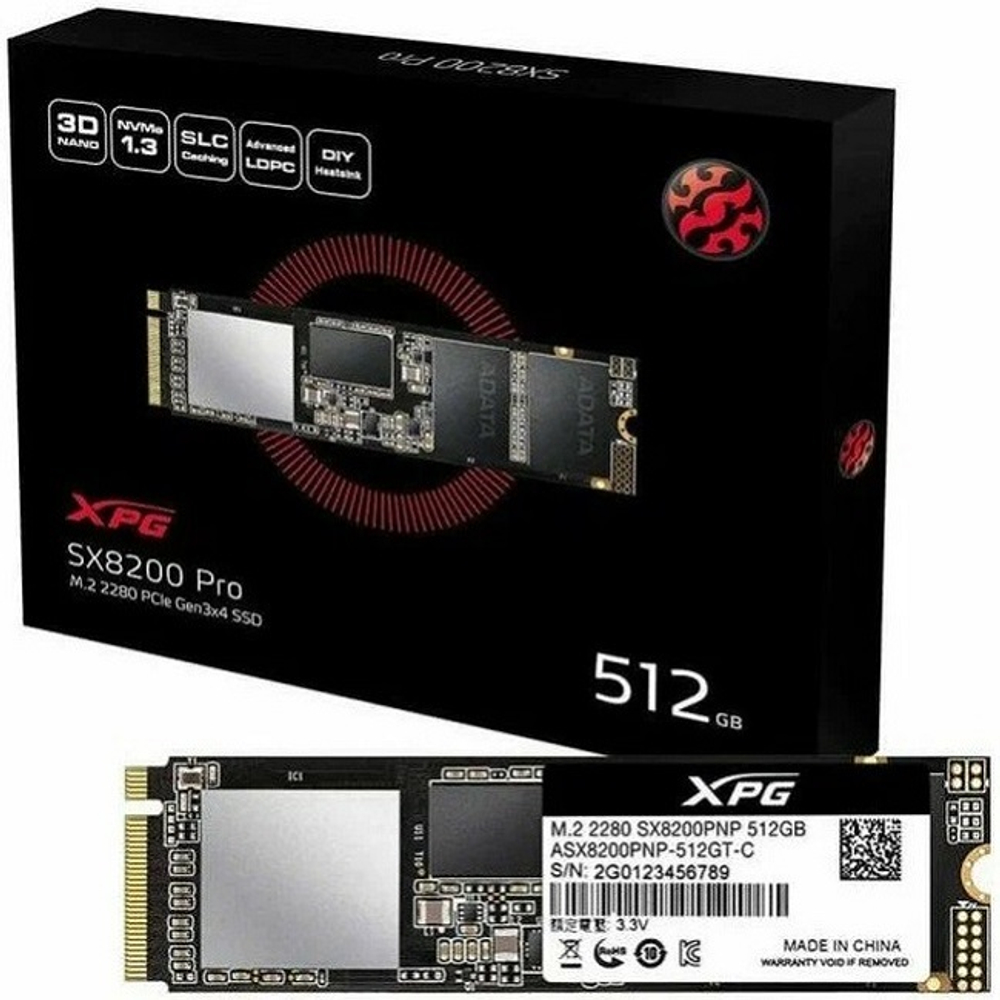 Жесткий диск SSD M.2 512Gb ADATA XPG SX8200 Pro, 3350/2350MBs, 380000 IOPS, 3D TLC, PCI-E 3.0 x4 (ASX8200PNP-512GT-C)