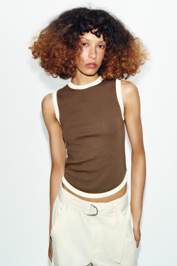 ZARA ФУТБОЛКА С КОНТРАСТНЫМИ ПОЛОСАМИ, КОРИЧНЕВЫЙ