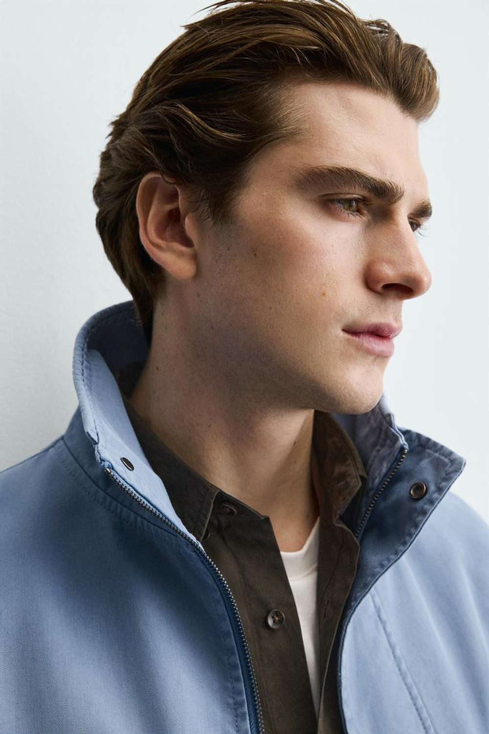 ZARA КУРТКА REGULAR FIT ИЗ ВЫСТИРАННОГО ХЛОПКА, ГОЛУБОЙ