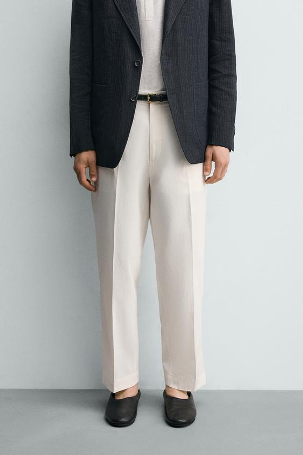 ZARA БРЮКИ REGULAR FIT ИЗ ВИСКОЗЫ И ХЛОПКА, ЖЕЛТОВАТО-БЕЛЫЙ