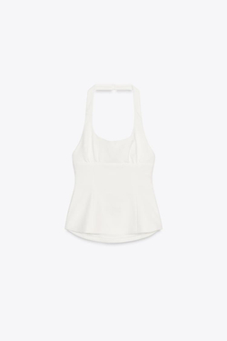 ZARA ТОП С ГОРЛОВИНОЙ ХАЛТЕР И БАНТАМИ, БЕЛЫЙ