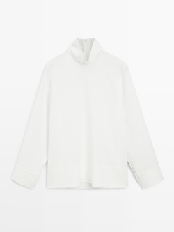 Massimo Dutti Блуза с высоким воротником и декоративной деталью снизу, белый