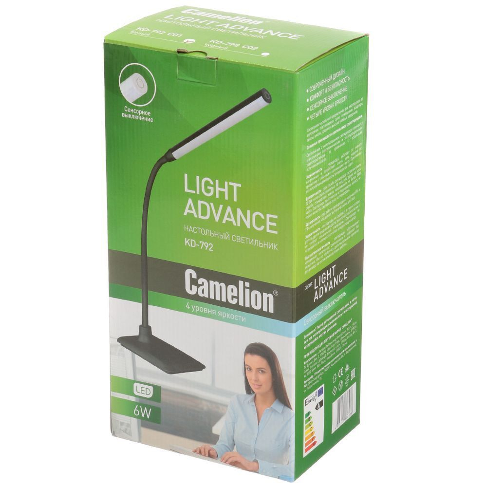 Светильник настольный сенсорное включение, 6 Вт, черный, Camelion, KD-792 C02, 124896