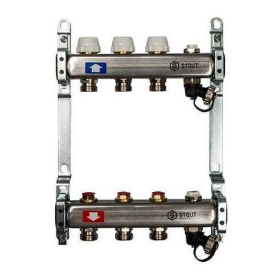 Коллекторная группа для радиаторного отопления STOUT SMS0932 - 1" на 3 контура 3/4"EK (нерж.сталь)