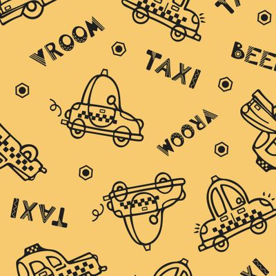 Мультяшные желтые ретро-машинки такси едут по дороге. Для мальчиков.