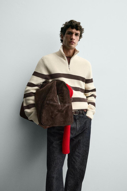 ZARA ДЖЕМПЕР ИЗ ЖЕМЧУЖНОЙ ВЯЗКИ С ВОРОТНИКОМ НА МОЛНИИ, ЭКРЮ/КОРИЧНЕВЫЙ