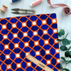 Ткань шифон синий графичный узор с оранжевыми полосами