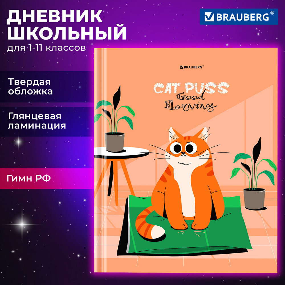 Дневник 1-11 класс 40 л. твердый BRAUBERG глянцевая ламинация "Cute cat" (6 штук в упаковке)
