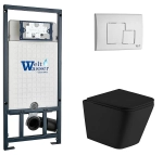 Унитаз подвесной WeltWasser MARBERG 507 + GELBACH 043 MT-BL + MAR 507 SE GL-WT черный матовый, безободковый, с крышкой микролифт, слив-торнадо, с инсталляцией и белой глянцевой кнопкой