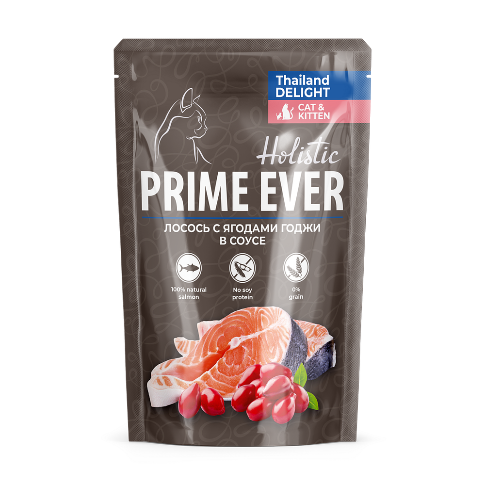 Prime Ever Holistic Лосось с ягодами годжи в соусе для кошек пауч 85 г