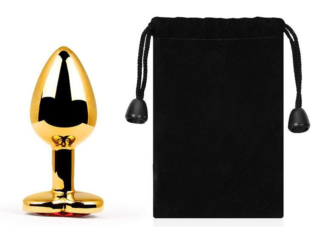 Золотистая анальная пробка с красным стразом-сердечком - 7 см.