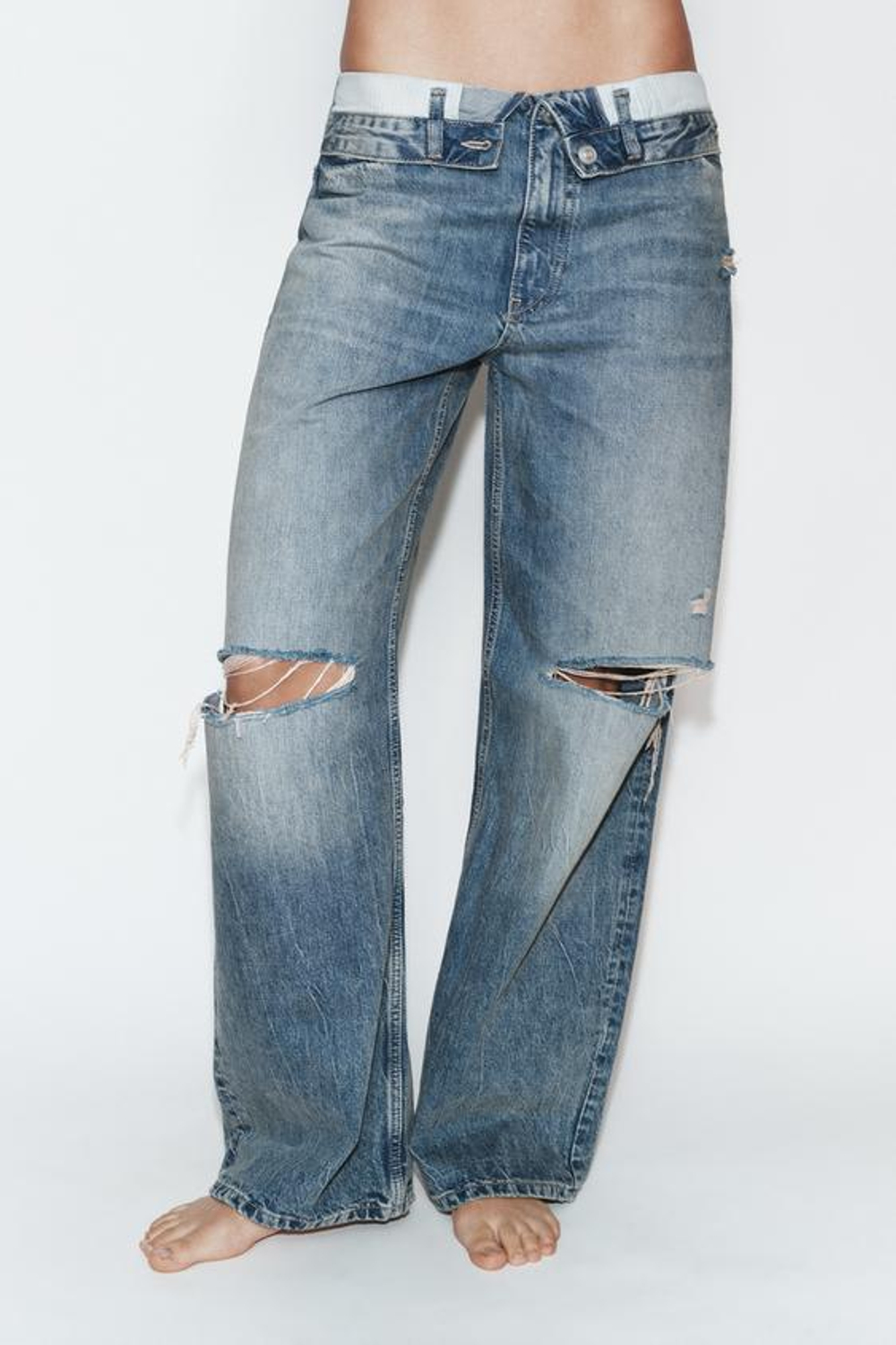 ZARA ДЖИНСЫ TRF СО СРЕДНЕЙ ПОСАДКОЙ И ОТВОРОТОМ, СИНИЙ