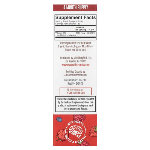 MaryRuth's, органический жидкий метил B12, спрей, со вкусом ягод, 1500 мкг, 30 мл (1 жидк. унция)
