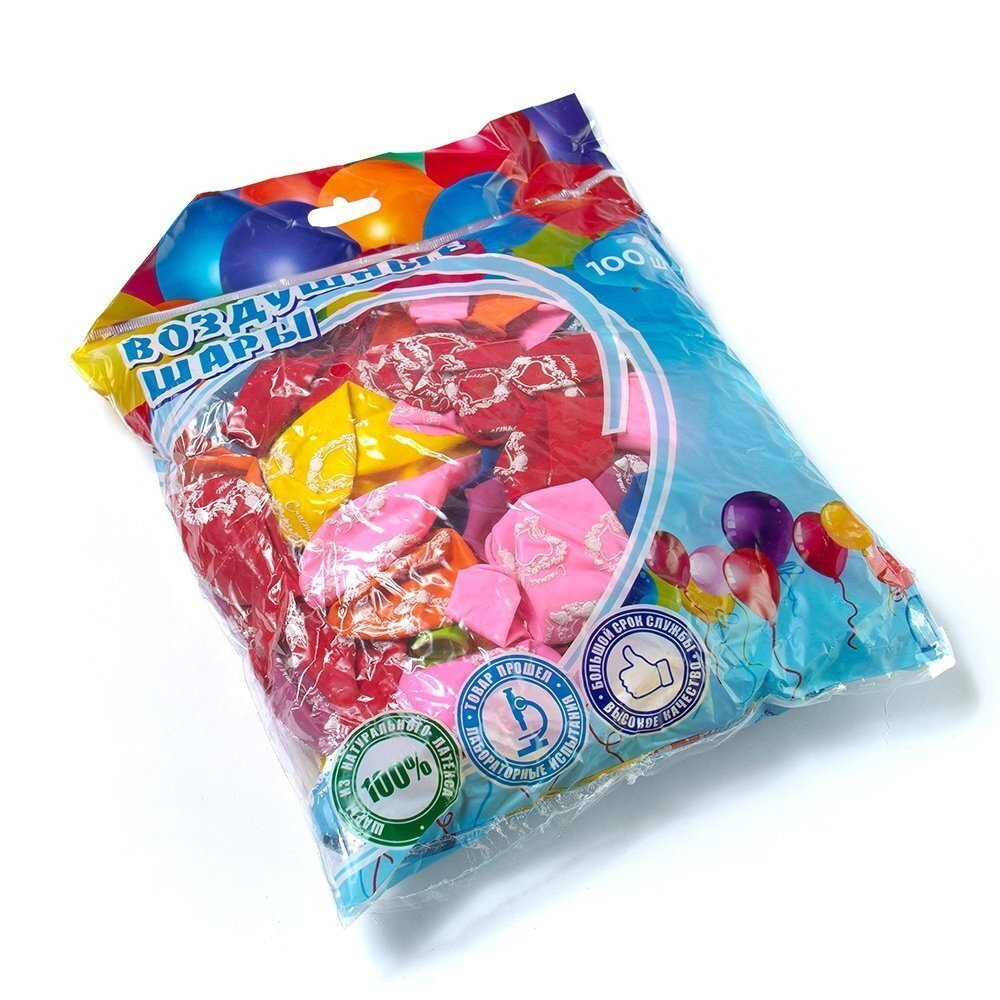 Шар воздушный Alingar, №10, "Счастья" №5, ассорти (рисунок сердце с цветами), 100шт/уп, пакет с европодвесом