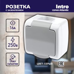 Розетка Intro Atlantic 5-201-03 с заземлением 2P+E Schuko, 16А-250В, IP54, открытой установки, серый