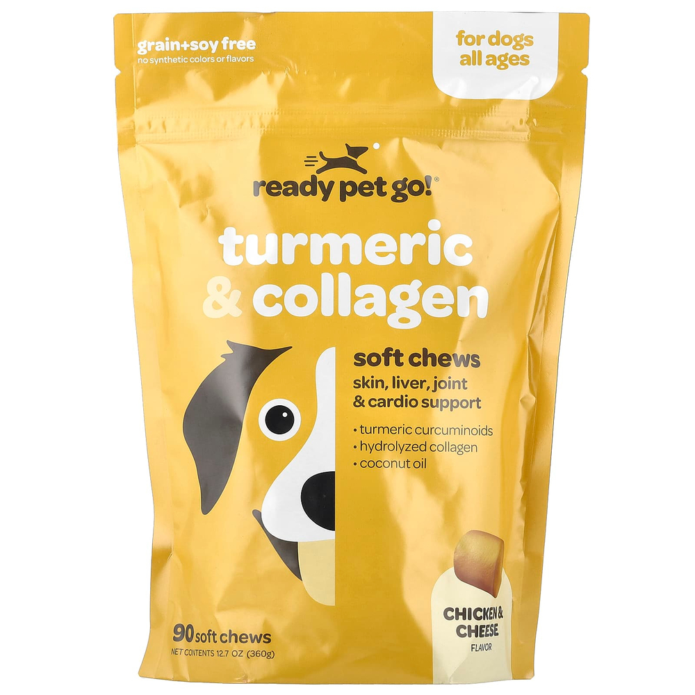 Ready Pet Go, Куркума и коллаген, для собак всех возрастов, со вкусом курицы и сыра, 90 мягких жевательных таблеток, 360 г, (12,7 унции)