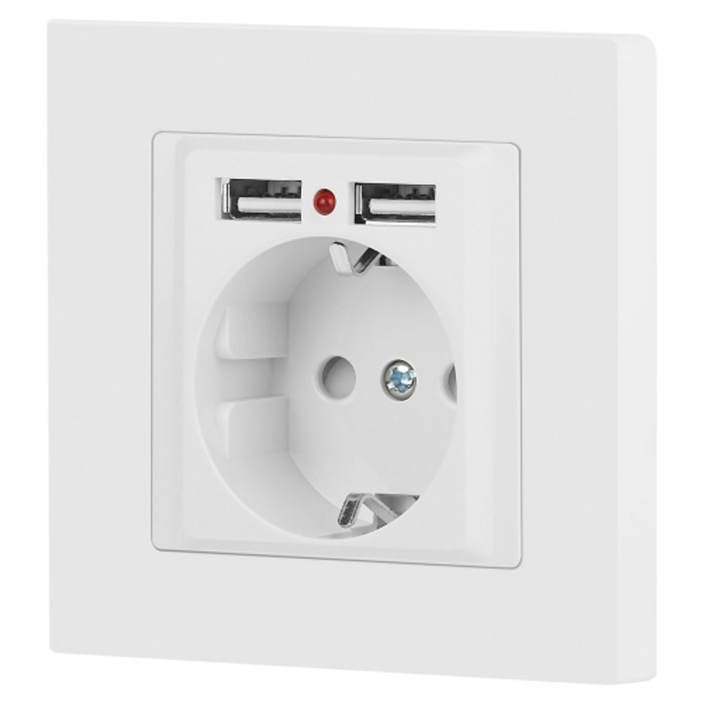 Розетка Intro Accent 6-410-01М с заземлением 2P+E Schuko со шторками 16А-250В + 2хUSB IP20 СУ белый матовый | Intro