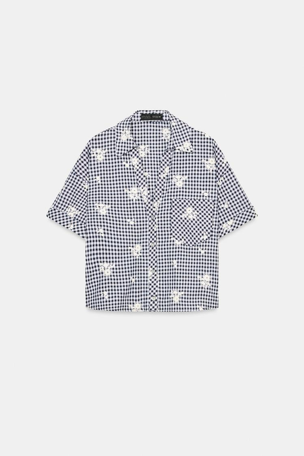 ZARA РУБАШКА В КЛЕТКУ С ВЫШИВКОЙ, ТЕМНО-СИНИЙ/БЕЛЫЙ