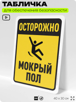 Табличка для обеспечения безопасности "Осторожно, мокрый пол", для офиса, по охране труда для предприятия, организаций, 40х30 см, Silver Plane x Айдентика Технолоджи