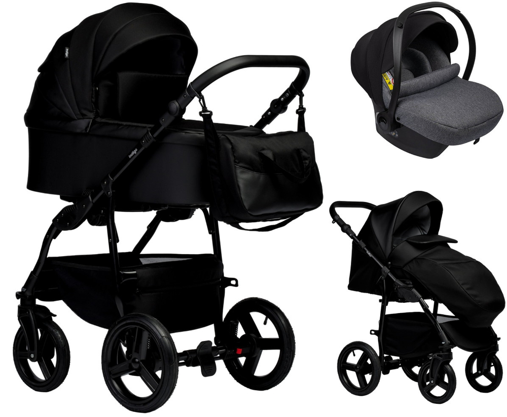 Детская коляска Indigo Impulse Eco 3 в 1 с автокреслом Avionaut Cosmo Grey Ie08 черная кожа/черный