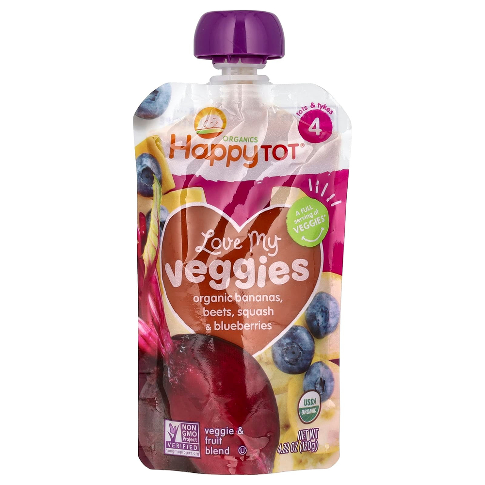 Happy Family Organics, Happy Tot, Love My Veggies, этап 4, органические бананы, свекла, тыква и голубика, 4 пакетика по 120 г (4,22 унции)